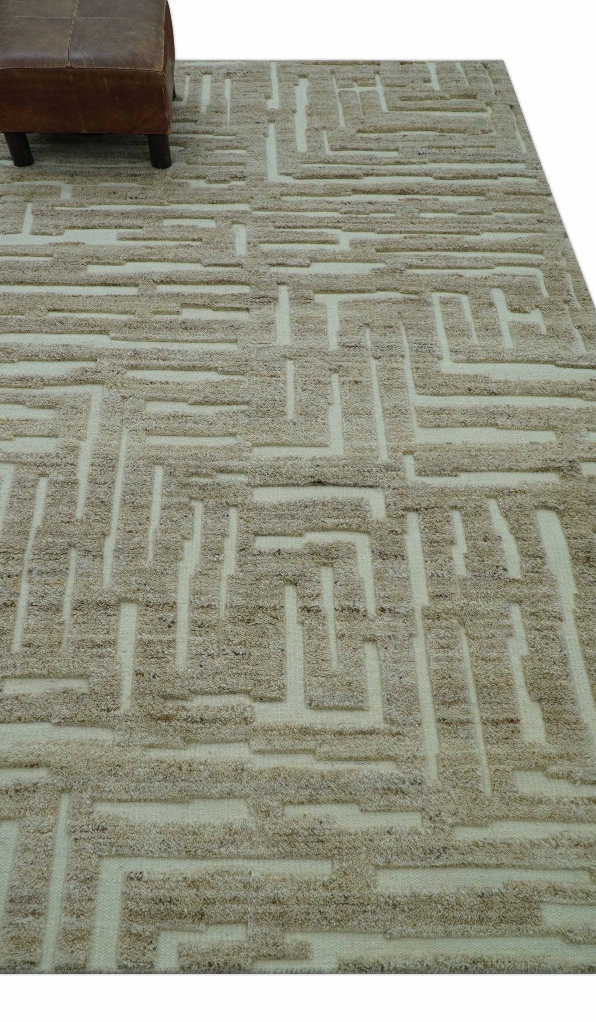 Custom Made Modern Contemporary Beige Hand Knotted Wool Area Rug.
