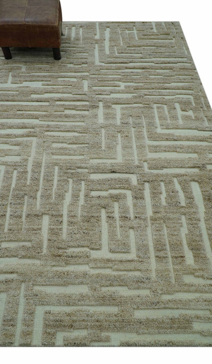 Custom Made Modern Contemporary Beige Hand Knotted Wool Area Rug.