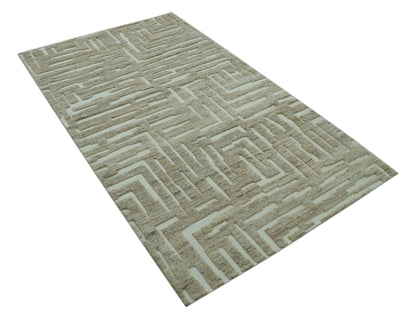 Custom Made Modern Contemporary Beige Hand Knotted Wool Area Rug.