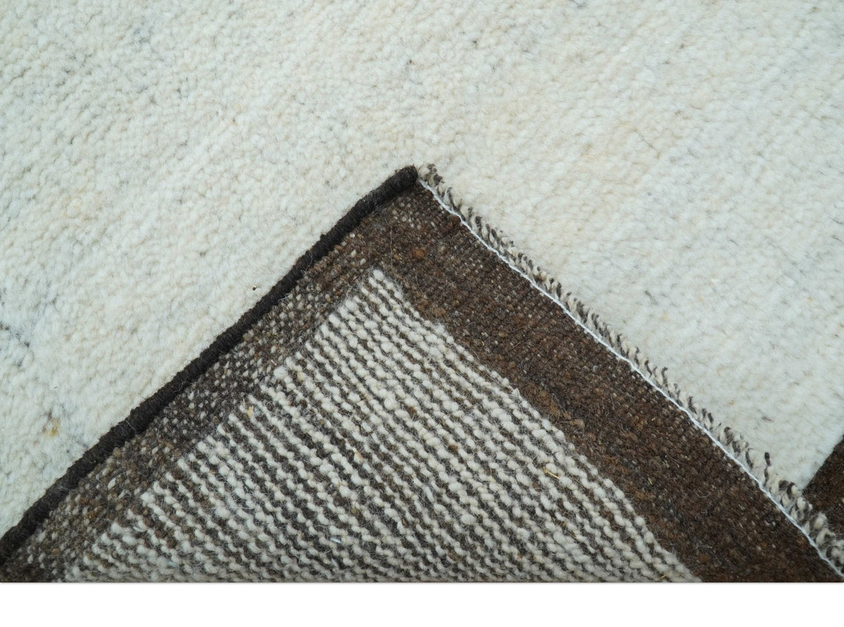 Custom Made Modern Contemporary White and Brown Hand Knotted Wool Rug.