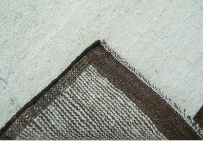 Custom Made Modern Contemporary White and Brown Hand Knotted Wool Rug.
