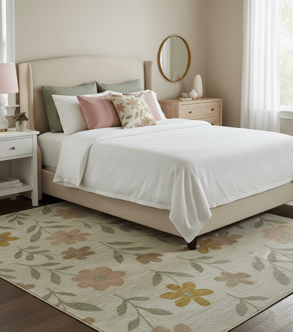 Custom Made Modern Floral Design Beige Hand Tufted Wool Area Rug.