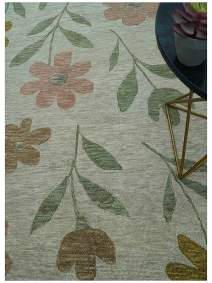 Custom Made Modern Floral Design Beige Hand Tufted Wool Area Rug.