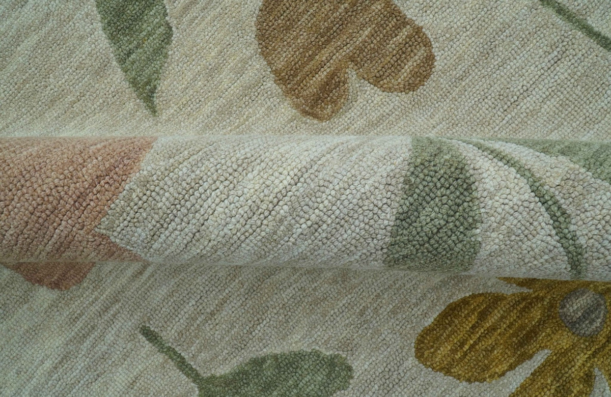 Custom Made Modern Floral Design Beige Hand Tufted Wool Area Rug.