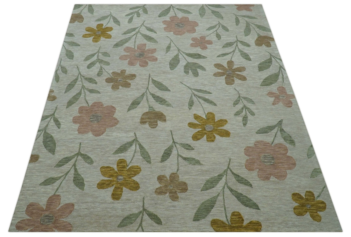 Custom Made Modern Floral Design Beige Hand Tufted Wool Area Rug.