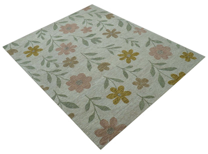 Custom Made Modern Floral Design Beige Hand Tufted Wool Area Rug.