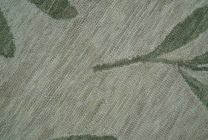Custom Made Modern Floral Design Beige Hand Tufted Wool Area Rug.