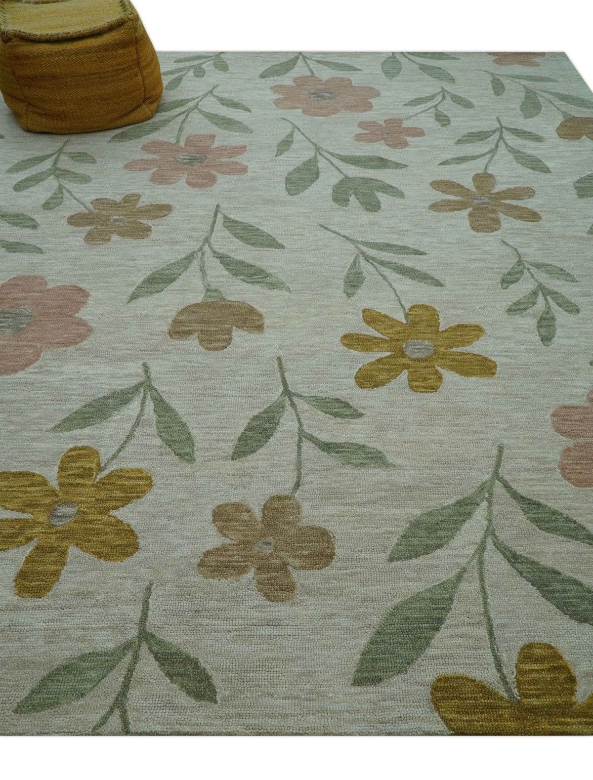 Custom Made Modern Floral Design Beige Hand Tufted Wool Area Rug.