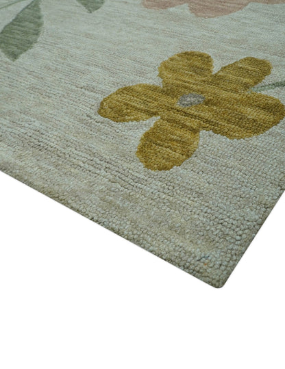 Custom Made Modern Floral Design Beige Hand Tufted Wool Area Rug.