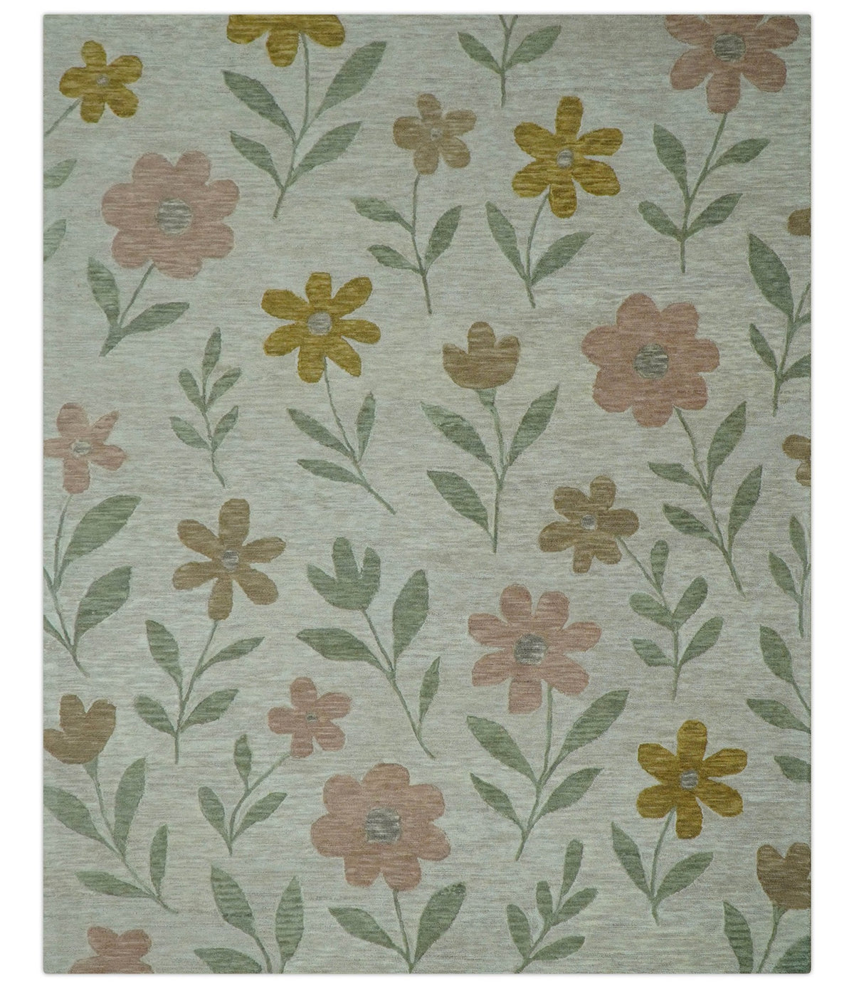 Custom Made Modern Floral Design Beige Hand Tufted Wool Area Rug.