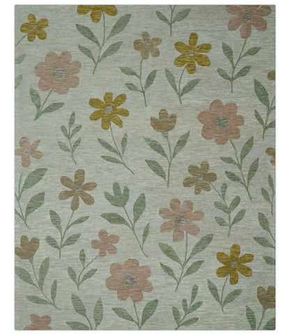 Custom Made Modern Floral Design Beige Hand Tufted Wool Area Rug.