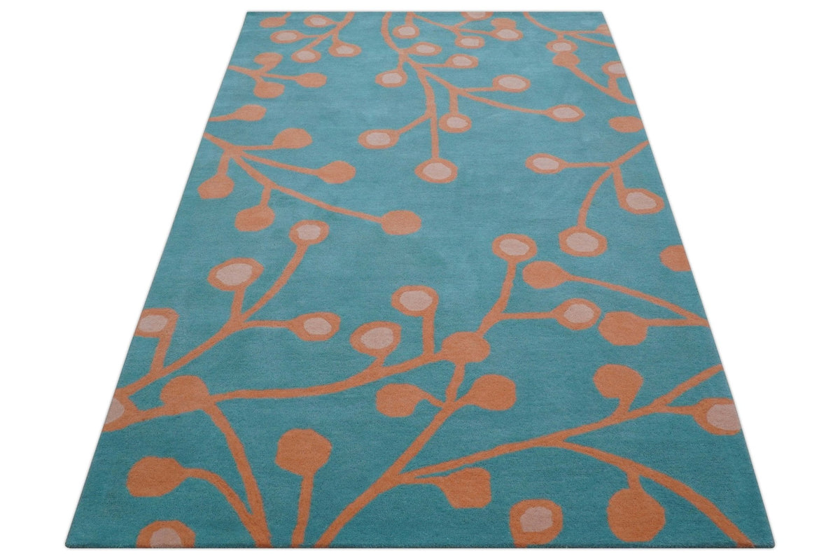 Custom Made Modern Floral Design Blue Hand Tufted Wool Area Rug.