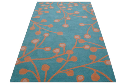 Custom Made Modern Floral Design Blue Hand Tufted Wool Area Rug.
