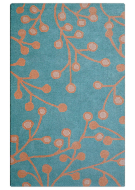 Custom Made Modern Floral Design Blue Hand Tufted Wool Area Rug.