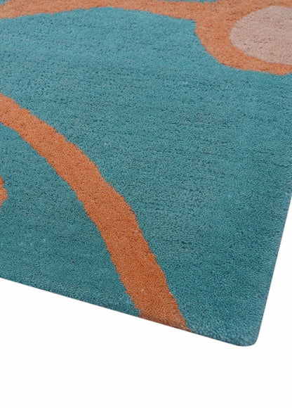 Custom Made Modern Floral Design Blue Hand Tufted Wool Area Rug.