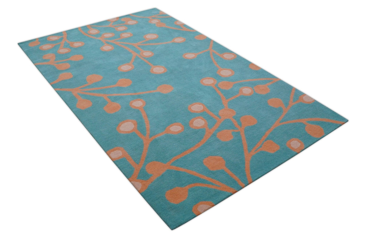 Custom Made Modern Floral Design Blue Hand Tufted Wool Area Rug.