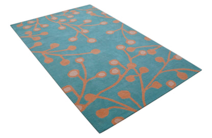 Custom Made Modern Floral Design Blue Hand Tufted Wool Area Rug.