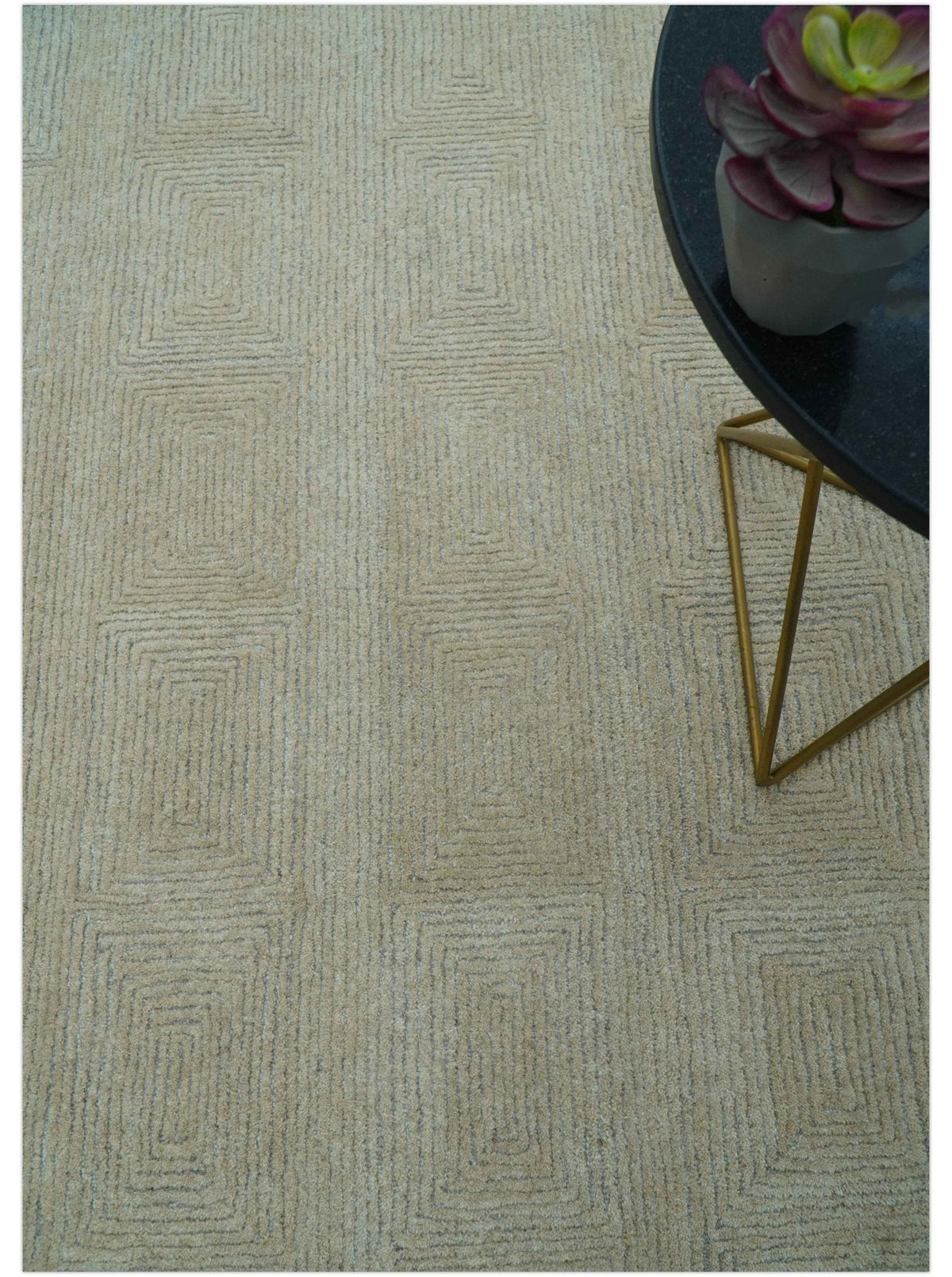 Custom Made Modern Geometrical Beige and Silver Hand Tufted Natural Wool Area Rug.