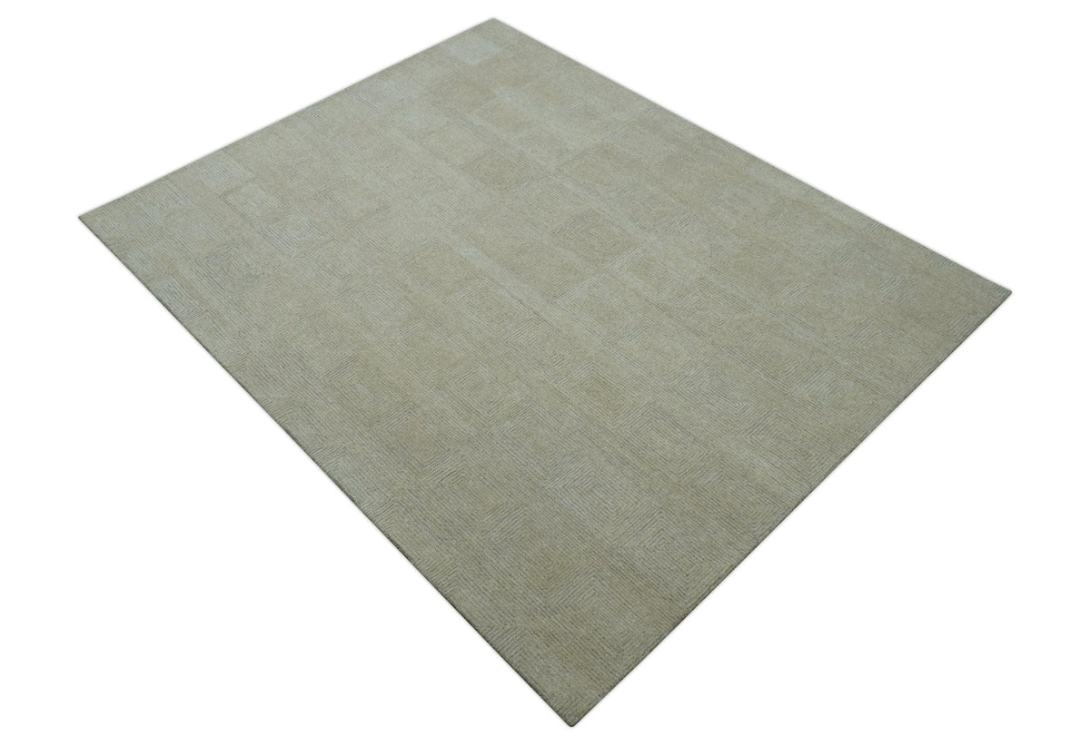 Custom Made Modern Geometrical Beige and Silver Hand Tufted Natural Wool Area Rug.