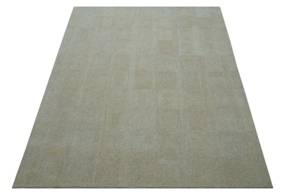 Custom Made Modern Geometrical Beige and Silver Hand Tufted Natural Wool Area Rug.