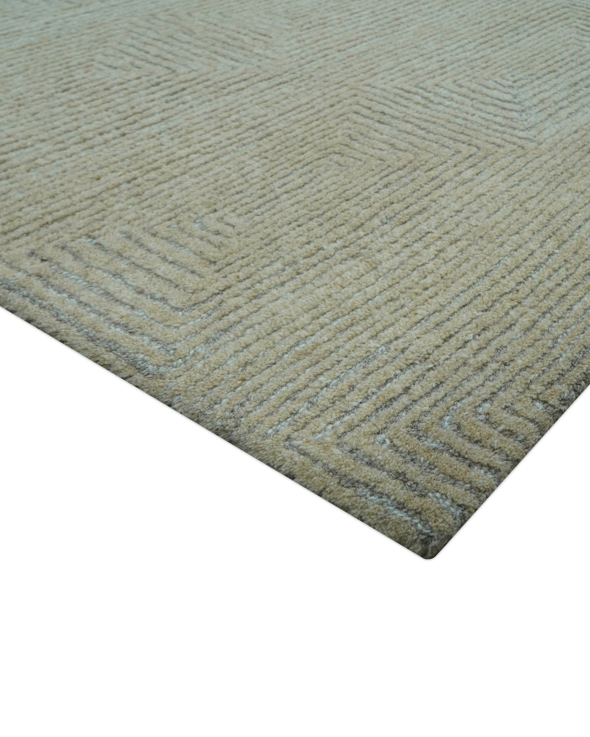 Custom Made Modern Geometrical Beige and Silver Hand Tufted Natural Wool Area Rug.