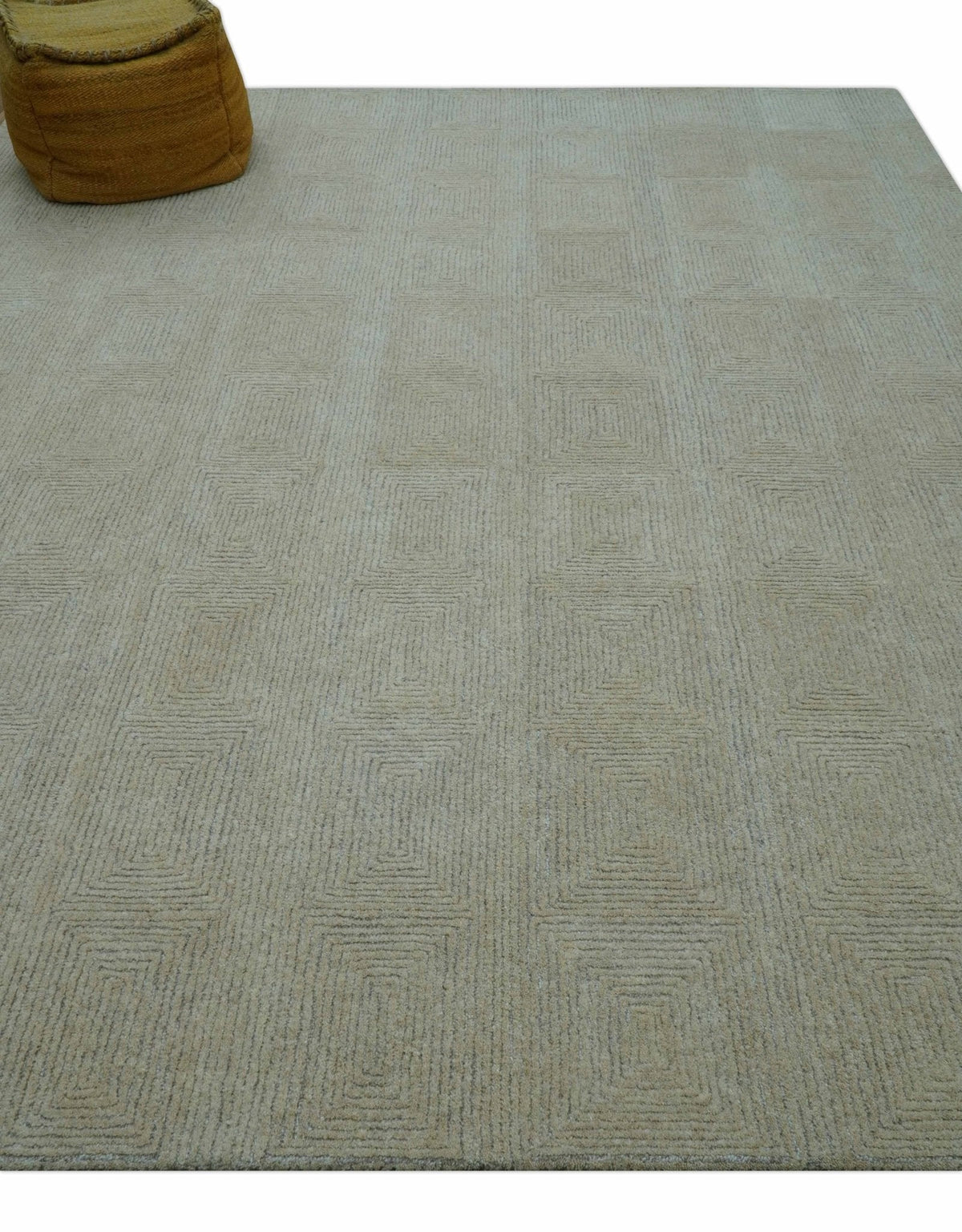 Custom Made Modern Geometrical Beige and Silver Hand Tufted Natural Wool Area Rug.