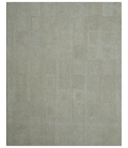 Custom Made Modern Geometrical Beige and Silver Hand Tufted Natural Wool Area Rug.