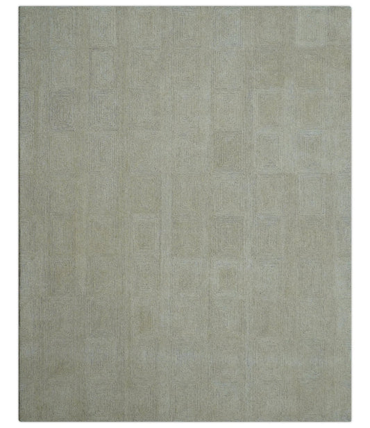 Custom Made Modern Geometrical Beige and Silver Hand Tufted Natural Wool Area Rug.