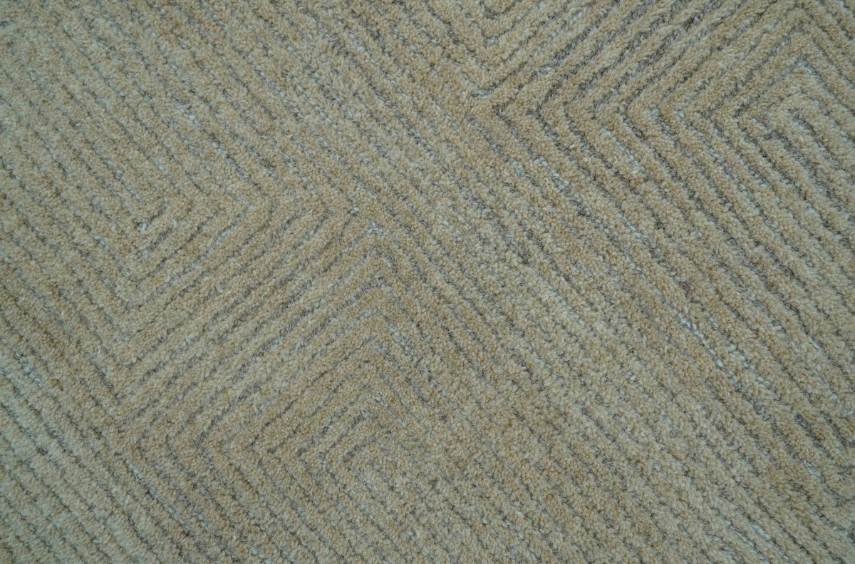 Custom Made Modern Geometrical Beige and Silver Hand Tufted Natural Wool Area Rug.