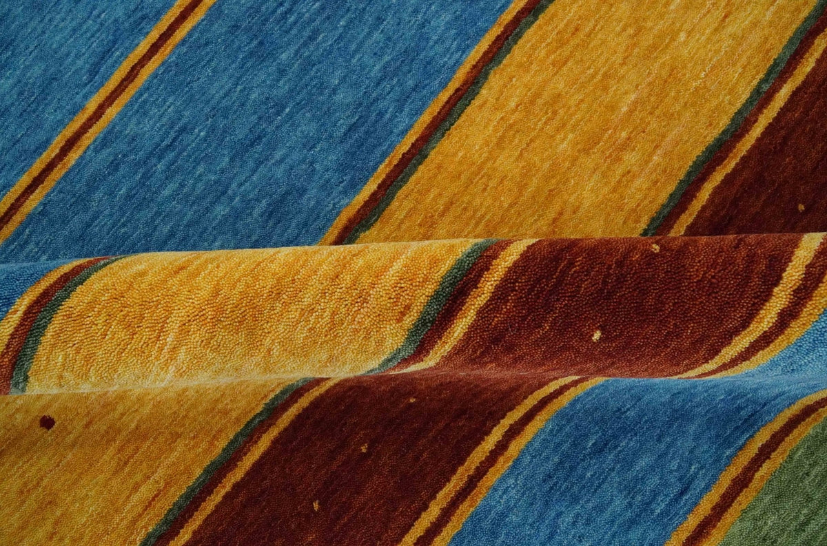 Custom Made Modern Geometrical Blue, Gold, Brown and Green Stripes Design Wool Area Rug.