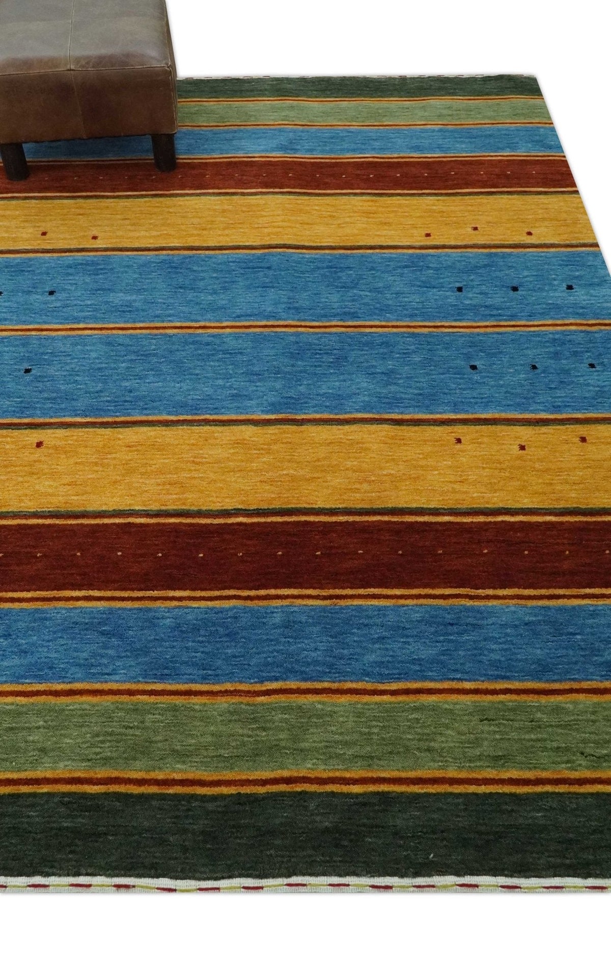 Custom Made Modern Geometrical Blue, Gold, Brown and Green Stripes Design Wool Area Rug.