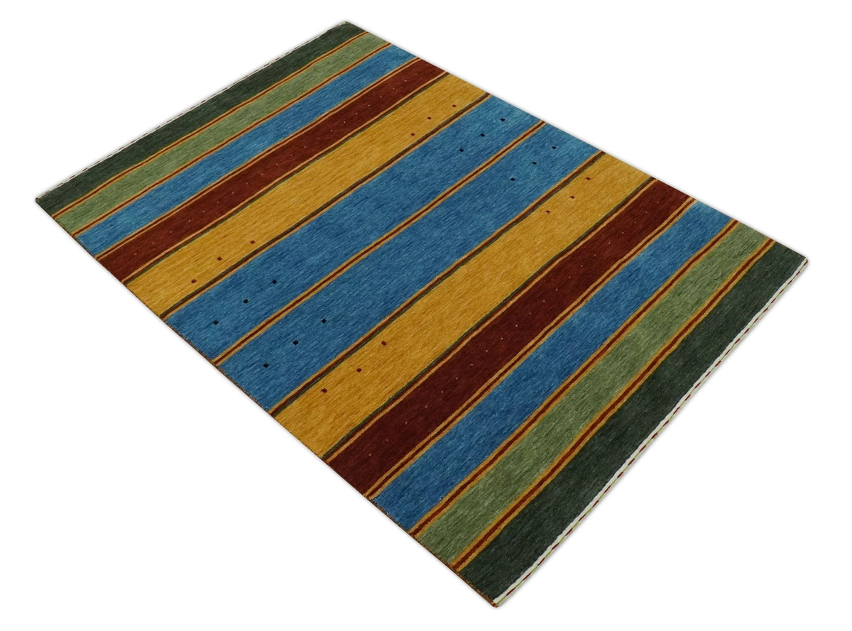 Custom Made Modern Geometrical Blue, Gold, Brown and Green Stripes Design Wool Area Rug.