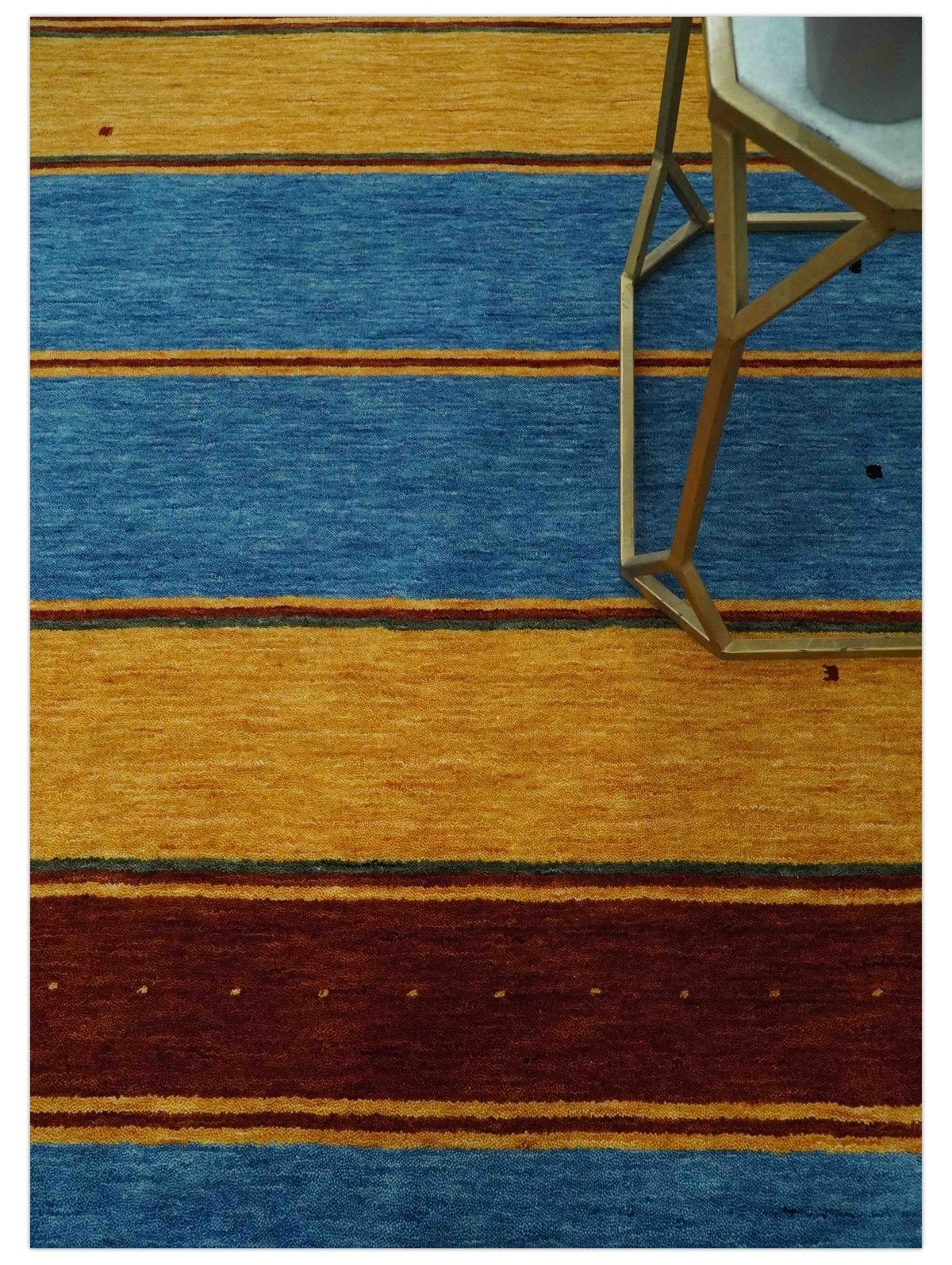 Custom Made Modern Geometrical Blue, Gold, Brown and Green Stripes Design Wool Area Rug.