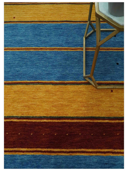 Custom Made Modern Geometrical Blue, Gold, Brown and Green Stripes Design Wool Area Rug.
