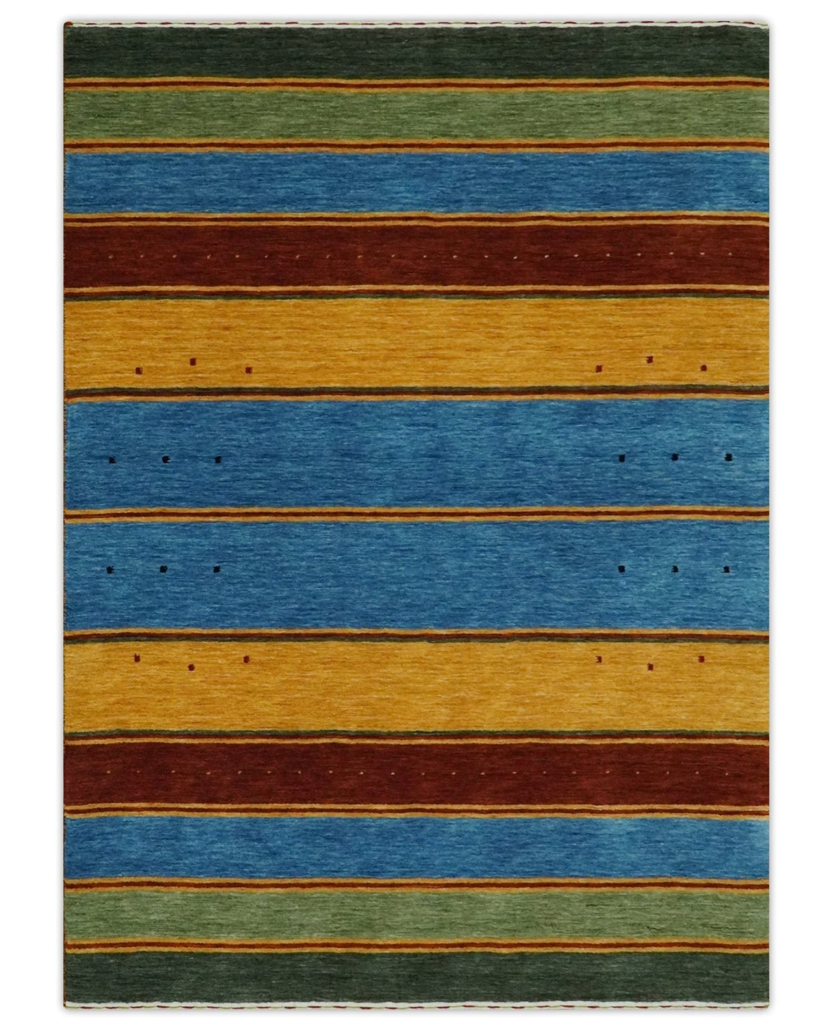 Custom Made Modern Geometrical Blue, Gold, Brown and Green Stripes Design Wool Area Rug.