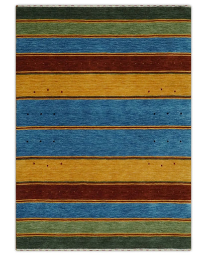 Custom Made Modern Geometrical Blue, Gold, Brown and Green Stripes Design Wool Area Rug.