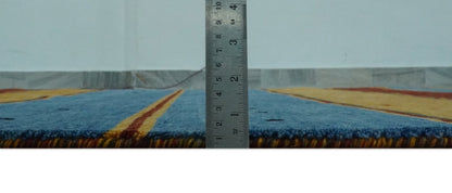 Custom Made Modern Geometrical Blue, Gold, Brown and Green Stripes Design Wool Area Rug.