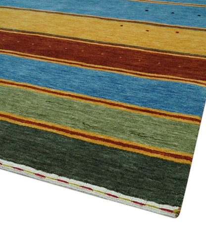Custom Made Modern Geometrical Blue, Gold, Brown and Green Stripes Design Wool Area Rug.