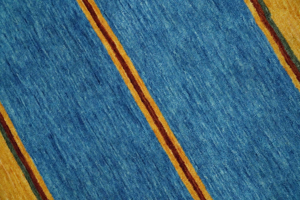 Custom Made Modern Geometrical Blue, Gold, Brown and Green Stripes Design Wool Area Rug.