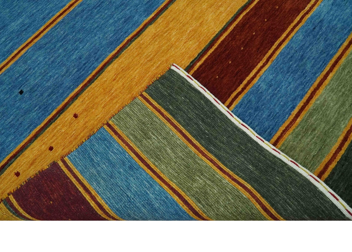 Custom Made Modern Geometrical Blue, Gold, Brown and Green Stripes Design Wool Area Rug.