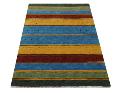 Custom Made Modern Geometrical Blue, Gold, Brown and Green Stripes Design Wool Area Rug.