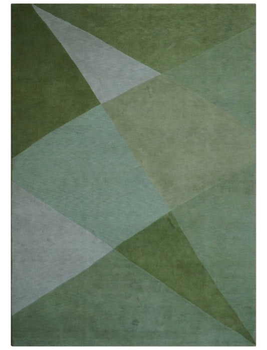 Custom Made Modern Geometrical Design Green And Gray Hand knotted wool Area Rug.