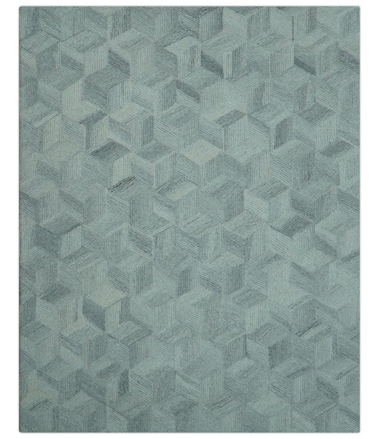 Custom Made Modern Geometrical Gray Hand Tufted Natural Wool Area Rug.