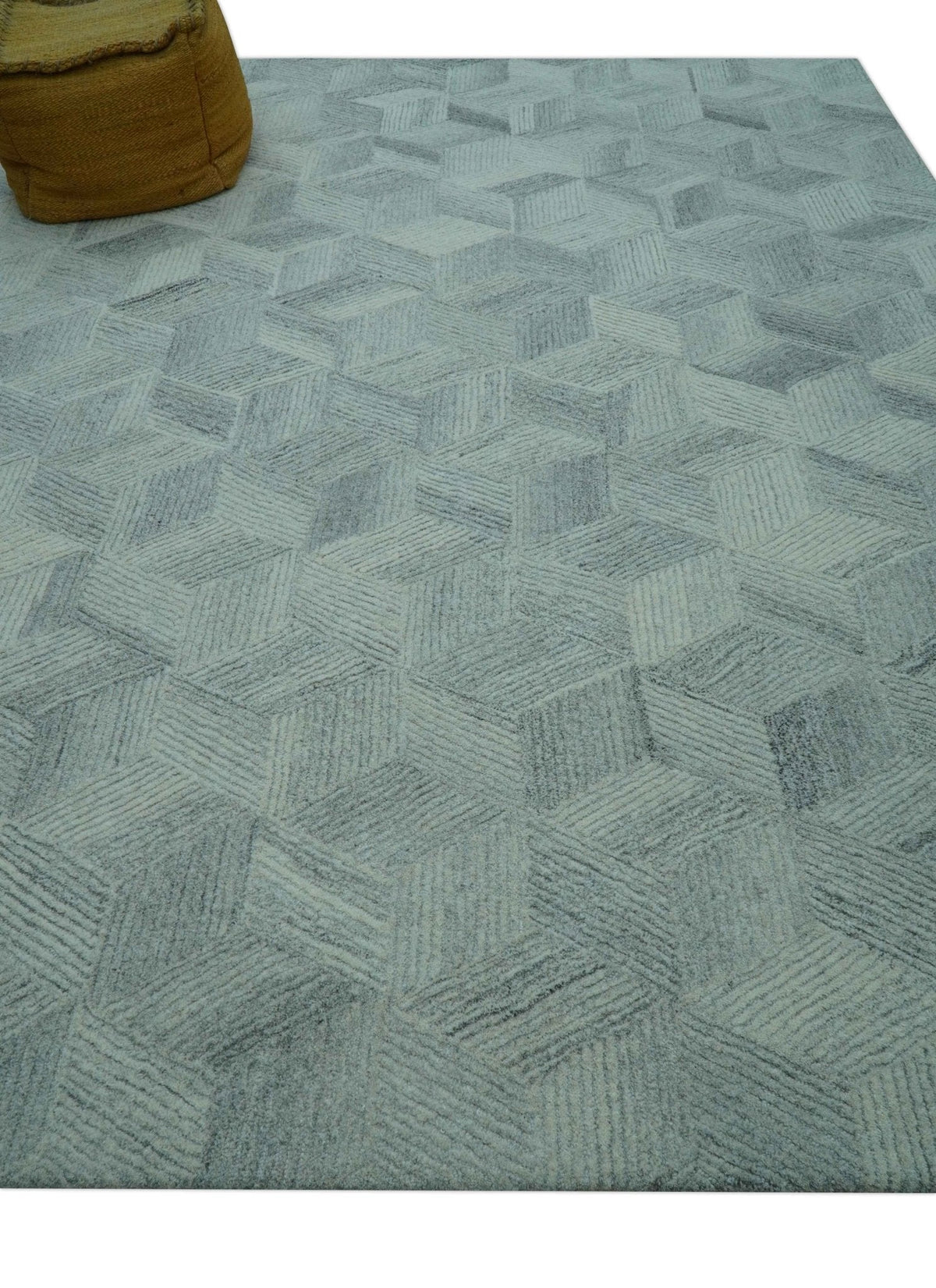 Custom Made Modern Geometrical Gray Hand Tufted Natural Wool Area Rug.