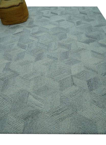 Custom Made Modern Geometrical Gray Hand Tufted Natural Wool Area Rug.