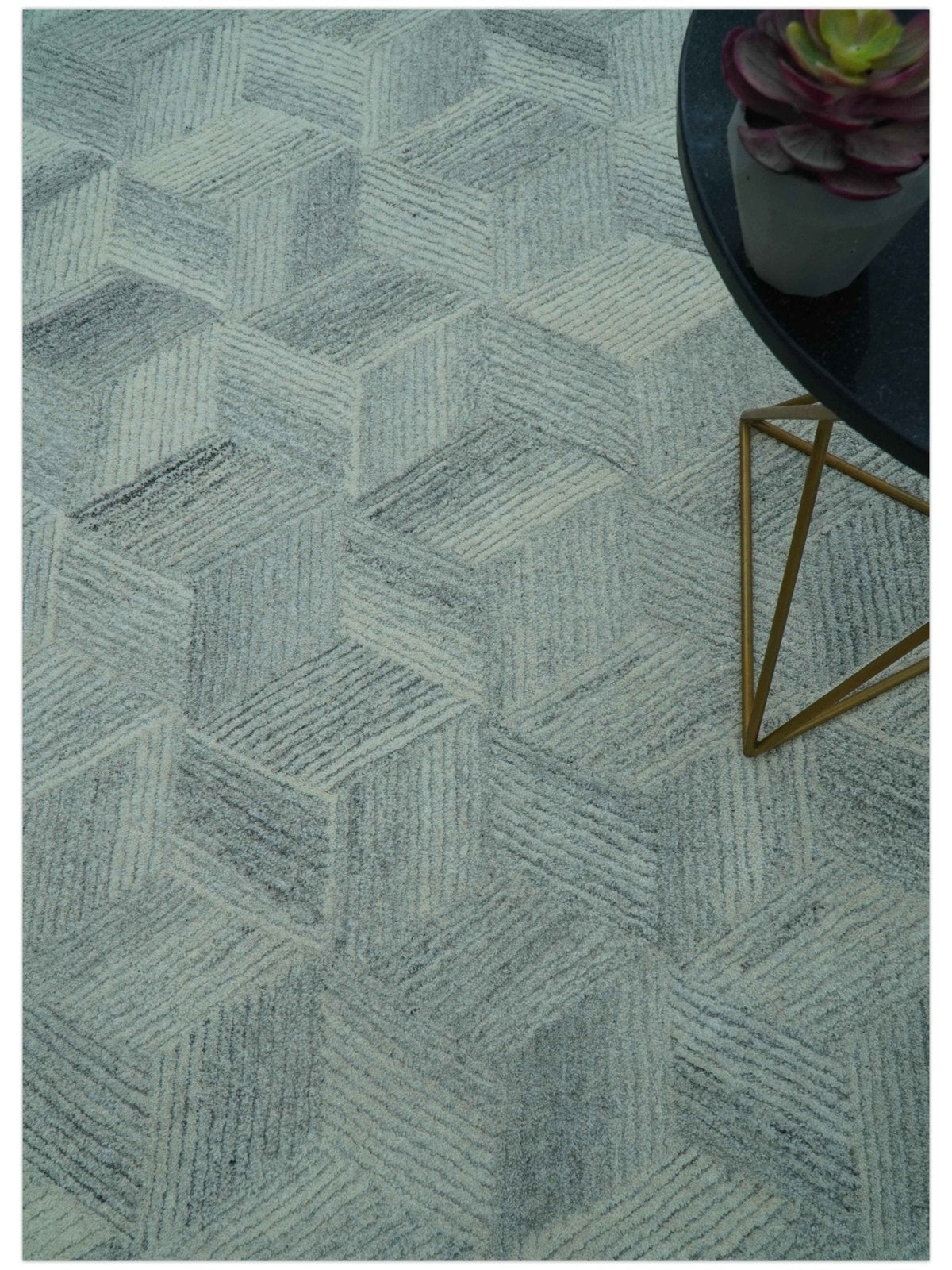 Custom Made Modern Geometrical Gray Hand Tufted Natural Wool Area Rug.
