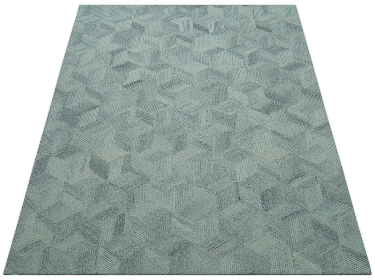 Custom Made Modern Geometrical Gray Hand Tufted Natural Wool Area Rug.