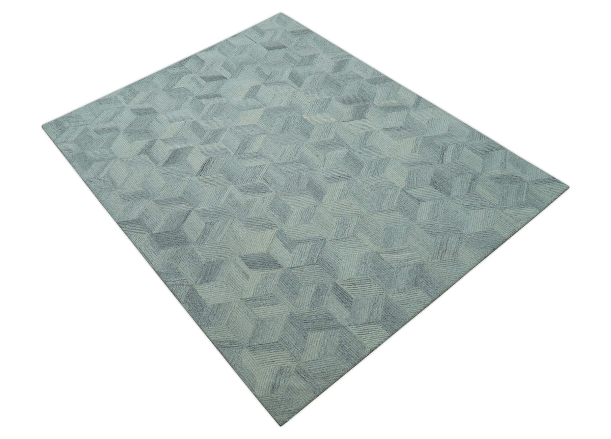 Custom Made Modern Geometrical Gray Hand Tufted Natural Wool Area Rug.