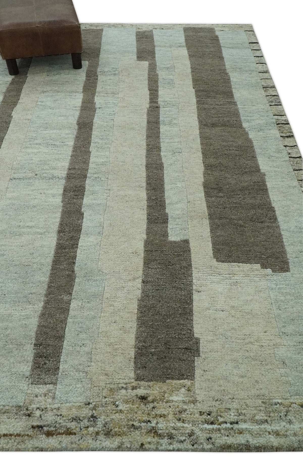 Custom Made Modern Geometrical Silver, Ivory and Charcoal Hand Knotted Wool area Rug.