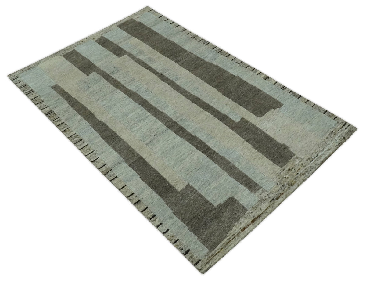 Custom Made Modern Geometrical Silver, Ivory and Charcoal Hand Knotted Wool area Rug.